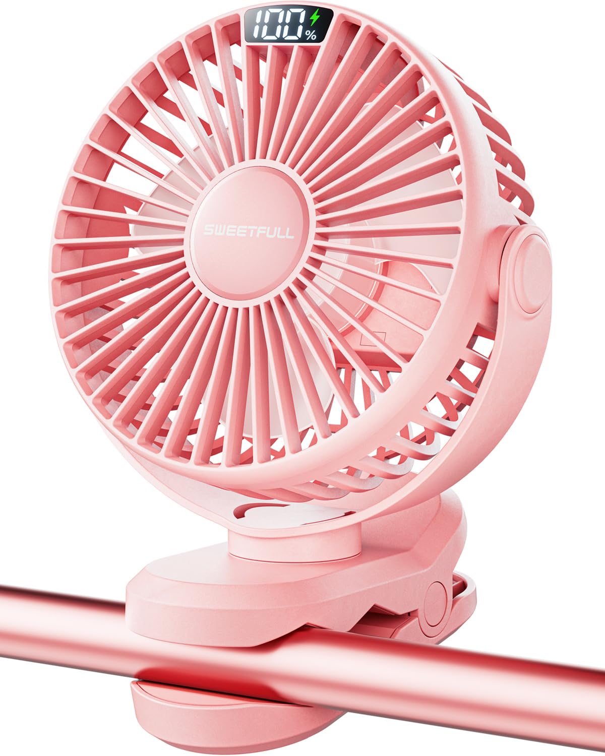 SWEETFULL Portable Clip on Fan - Battery Operated Stroller Fan 4000mAh Small Rechargeable Fan with LED Display 4 Speeds Mini Personal Cooling Desk Fan for Golf Cart Travel Camping Gym (Pink)