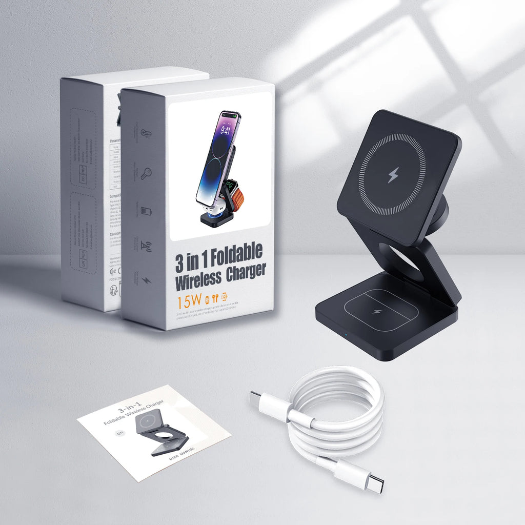 15W Magnetic Trifold Wireless Charger & Mobile Phone Charging Stand,Charging for iPhone 16 15 14 13  ,for Aipods & IWatch