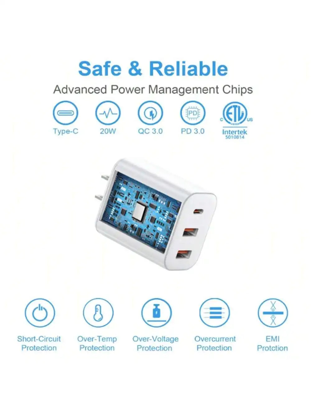 20W Charger Blockcharge and Data Wire Data Cable 3-Port PD USB C & USB a Wall Charger Type C Compatible for iPhone 12-16 Pro Max
