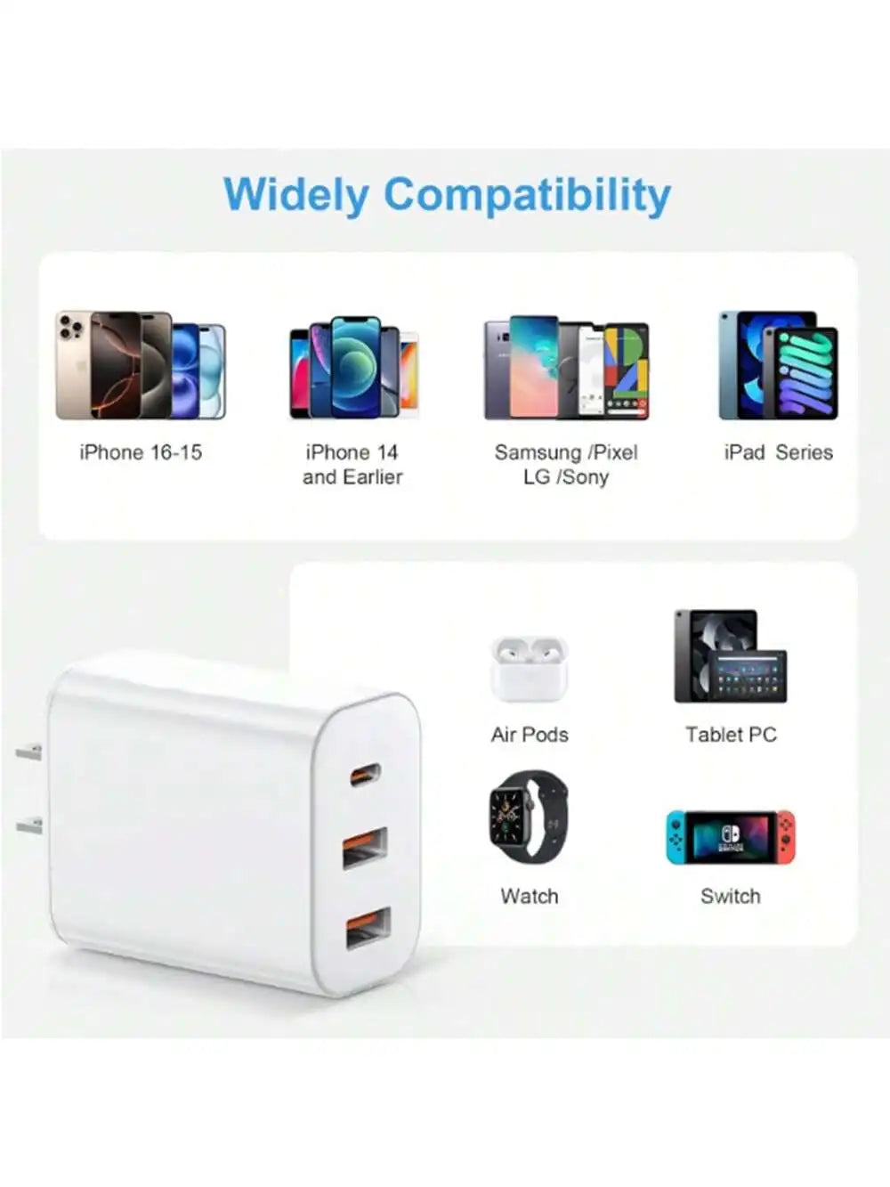 20W Charger Blockcharge and Data Wire Data Cable 3-Port PD USB C & USB a Wall Charger Type C Compatible for iPhone 12-16 Pro Max