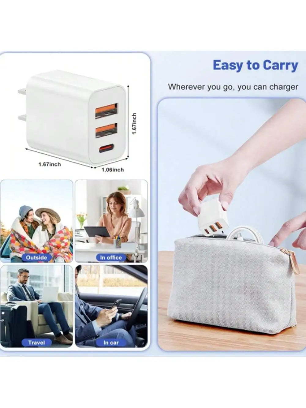 20W Charger Blockcharge and Data Wire Data Cable 3-Port PD USB C & USB a Wall Charger Type C Compatible for iPhone 12-16 Pro Max