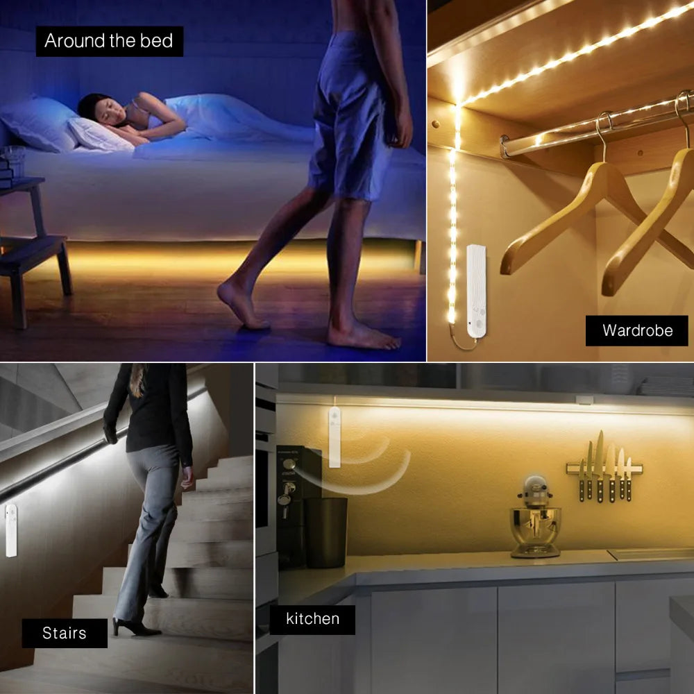 1M-5M LED Light Strip Motion Sensor LED Night Light Cabinet Lighting Battery Operated Tape Light for Counter Bed Stair Wardrobe