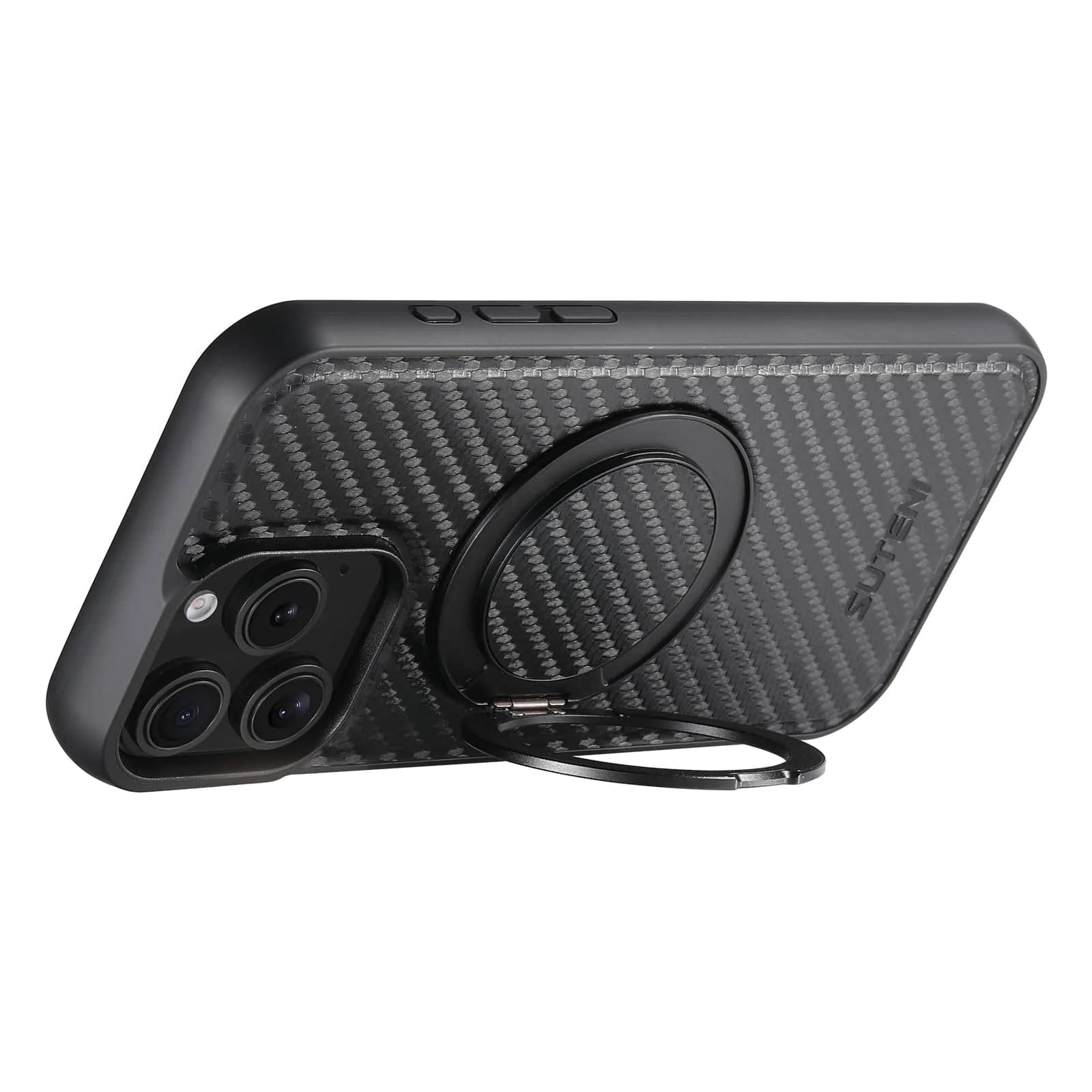 For iPhone 16 15 14 13 12 Pro Max Carbon Fiber Case, Compatible with Magnetic Built in Kickstand Shockproof Protective Cover