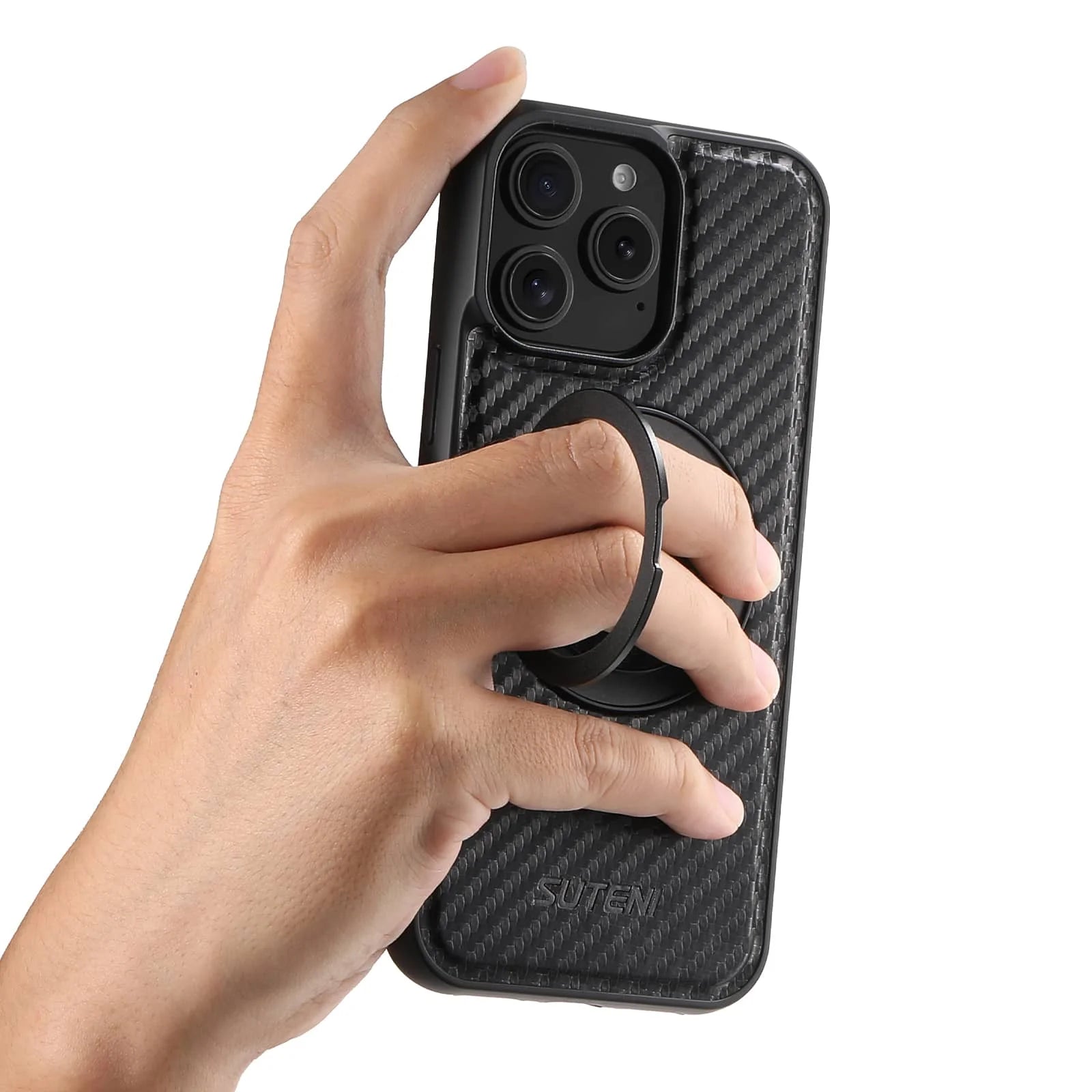 For iPhone 16 15 14 13 12 Pro Max Carbon Fiber Case, Compatible with Magnetic Built in Kickstand Shockproof Protective Cover