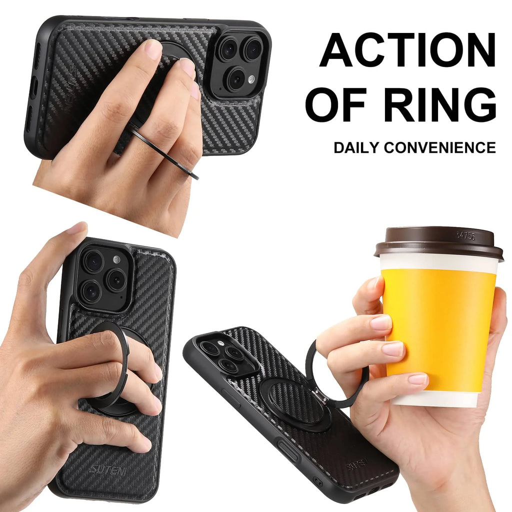 For iPhone 16 15 14 13 12 Pro Max Carbon Fiber Case, Compatible with Magnetic Built in Kickstand Shockproof Protective Cover
