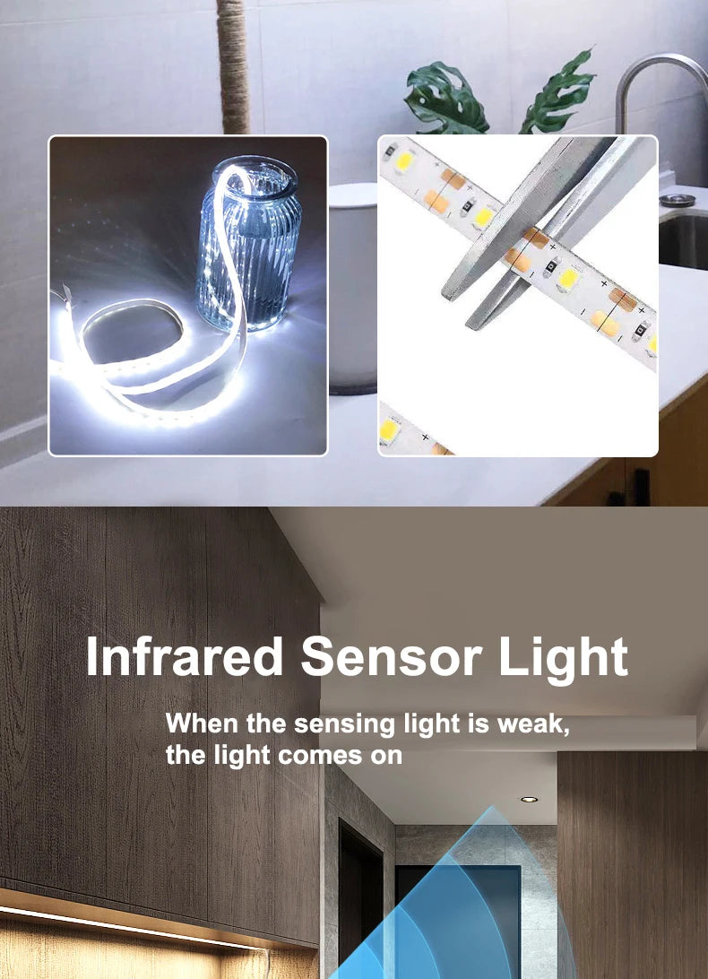 1M-5M LED Light Strip Motion Sensor LED Night Light Cabinet Lighting Battery Operated Tape Light for Counter Bed Stair Wardrobe