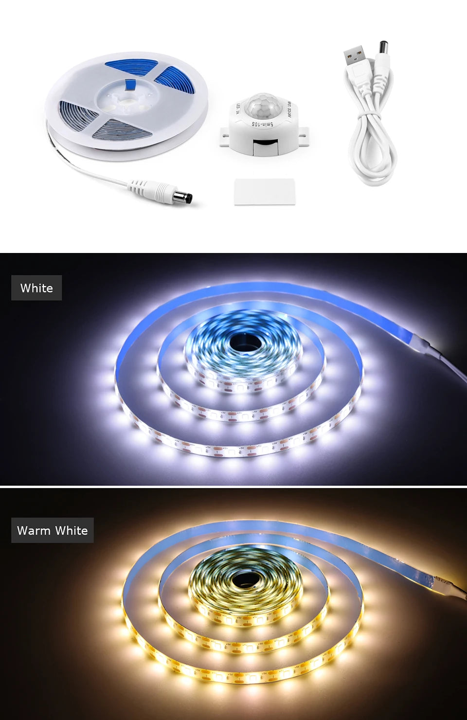 Wireless PIR Motion Sensor 5V USB LED Strip Light Flexible LED Tape Ribbon for Stair Closet Kitchen Backlight Night Light Decor