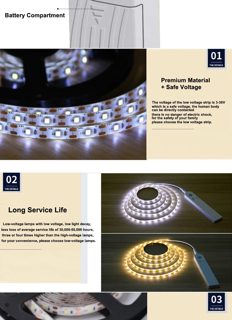 1M-5M LED Light Strip Motion Sensor LED Night Light Cabinet Lighting Battery Operated Tape Light for Counter Bed Stair Wardrobe