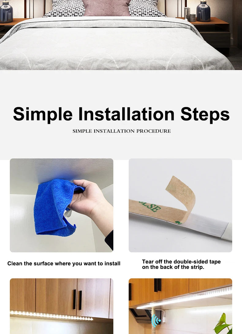 1M-5M LED Light Strip Motion Sensor LED Night Light Cabinet Lighting Battery Operated Tape Light for Counter Bed Stair Wardrobe