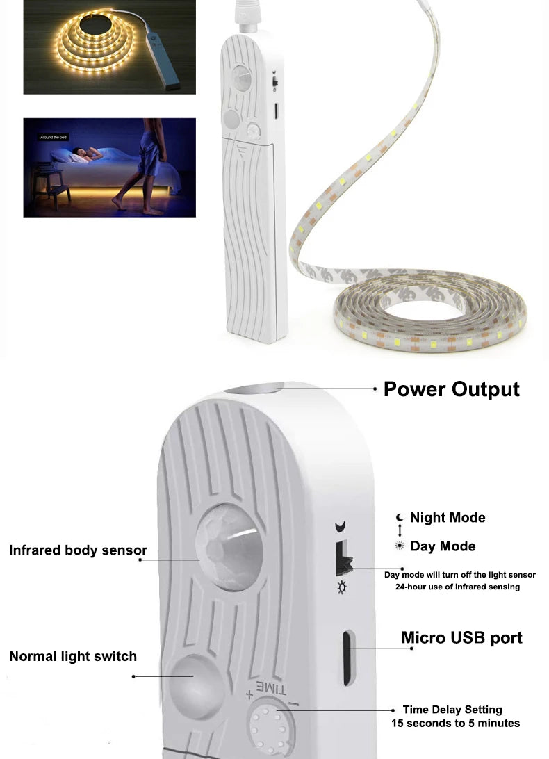 1M-5M LED Light Strip Motion Sensor LED Night Light Cabinet Lighting Battery Operated Tape Light for Counter Bed Stair Wardrobe