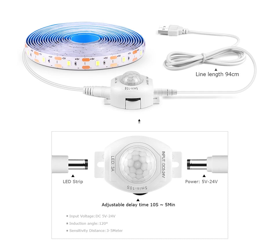 Wireless PIR Motion Sensor 5V USB LED Strip Light Flexible LED Tape Ribbon for Stair Closet Kitchen Backlight Night Light Decor