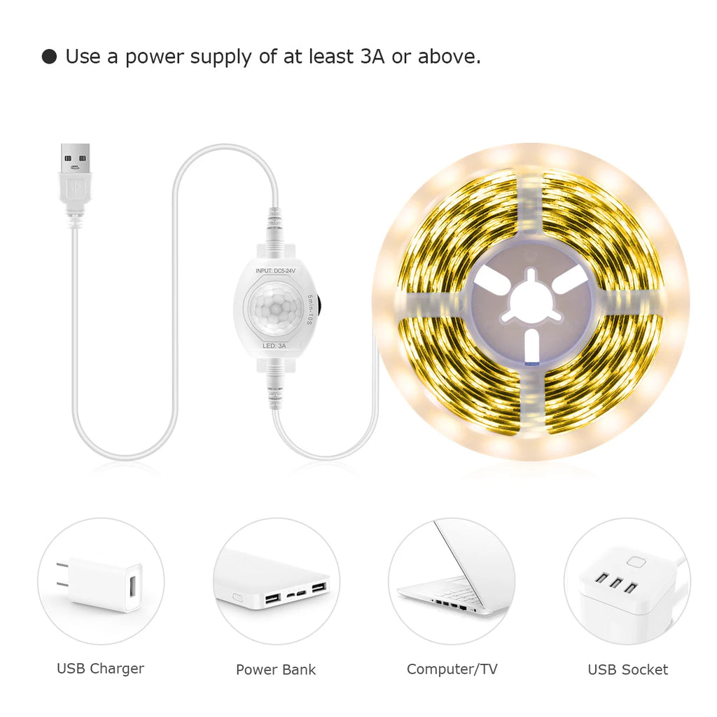 Wireless PIR Motion Sensor 5V USB LED Strip Light Flexible LED Tape Ribbon for Stair Closet Kitchen Backlight Night Light Decor