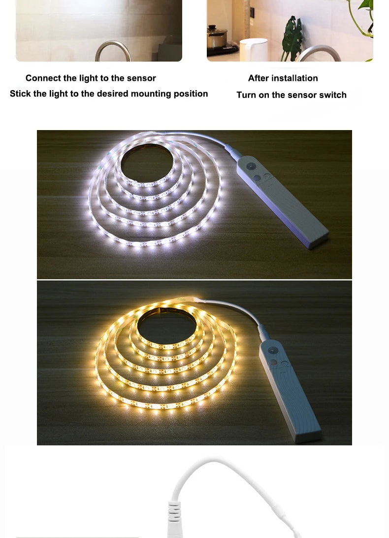 1M-5M LED Light Strip Motion Sensor LED Night Light Cabinet Lighting Battery Operated Tape Light for Counter Bed Stair Wardrobe