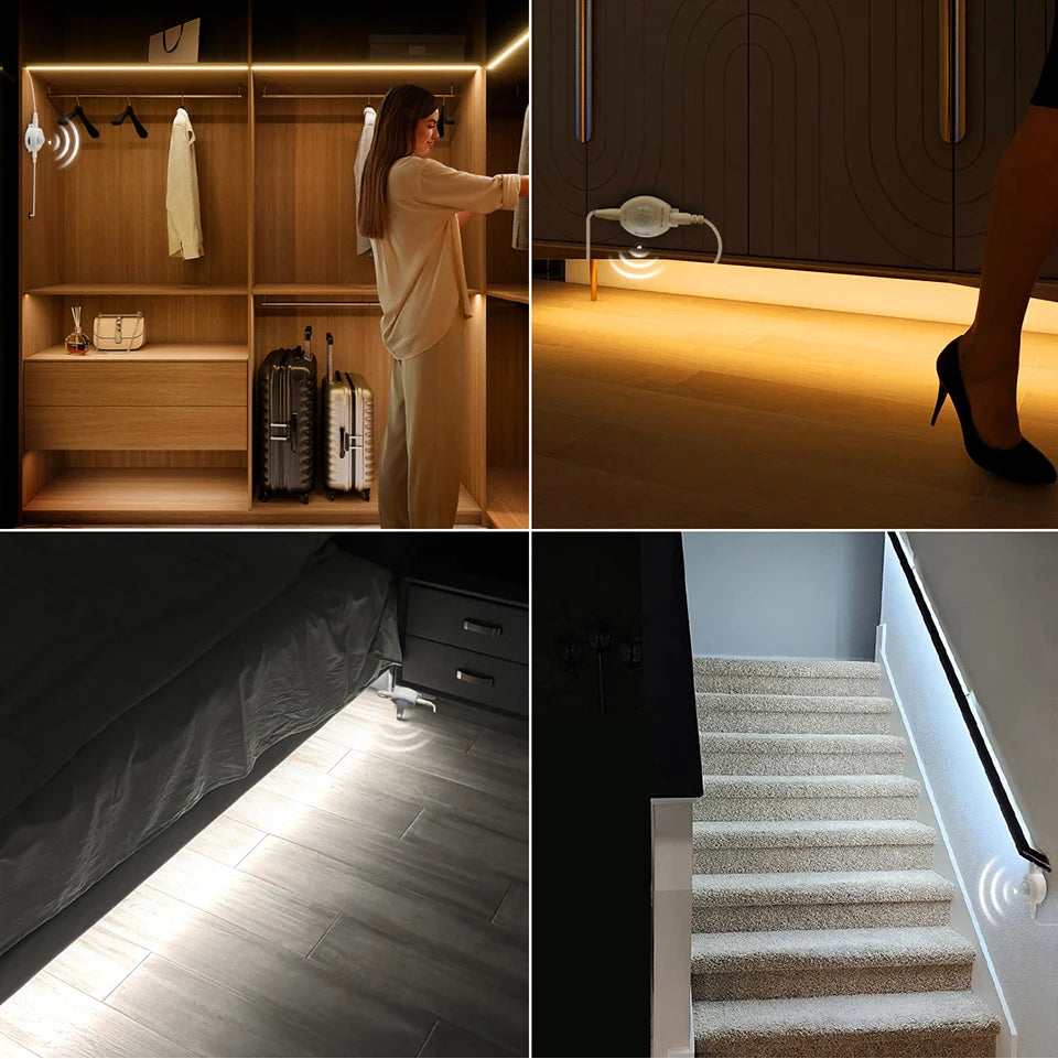 Wireless PIR Motion Sensor 5V USB LED Strip Light Flexible LED Tape Ribbon for Stair Closet Kitchen Backlight Night Light Decor