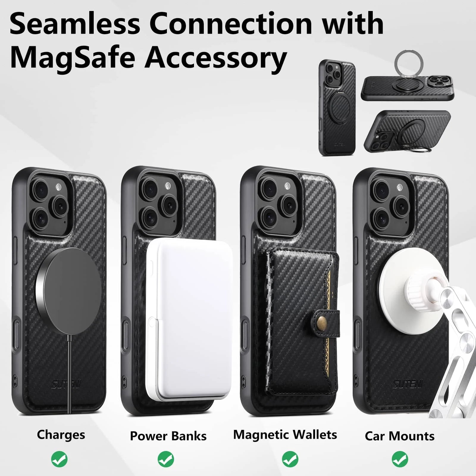 For iPhone 16 15 14 13 12 Pro Max Carbon Fiber Case, Compatible with Magnetic Built in Kickstand Shockproof Protective Cover