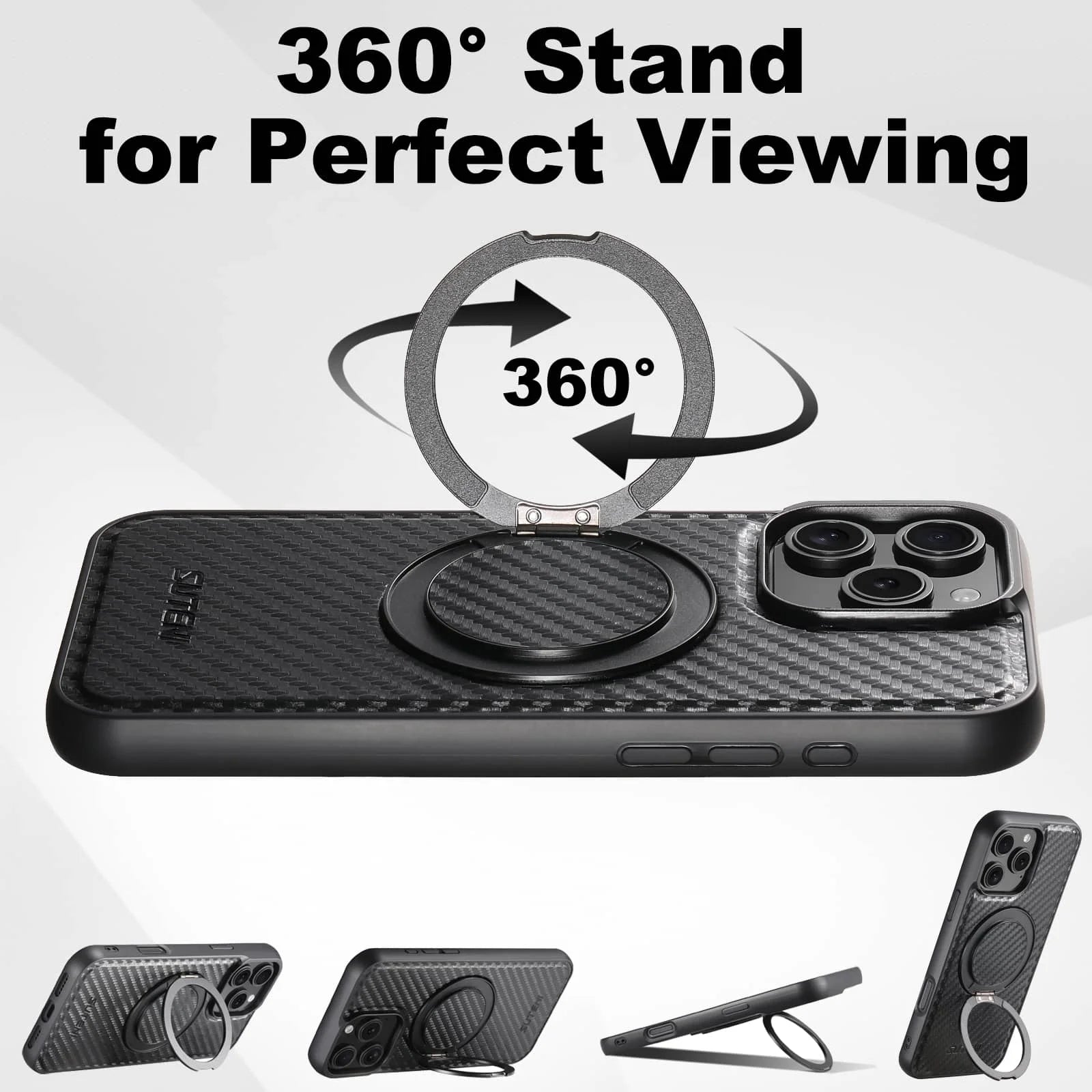 For iPhone 16 15 14 13 12 Pro Max Carbon Fiber Case, Compatible with Magnetic Built in Kickstand Shockproof Protective Cover