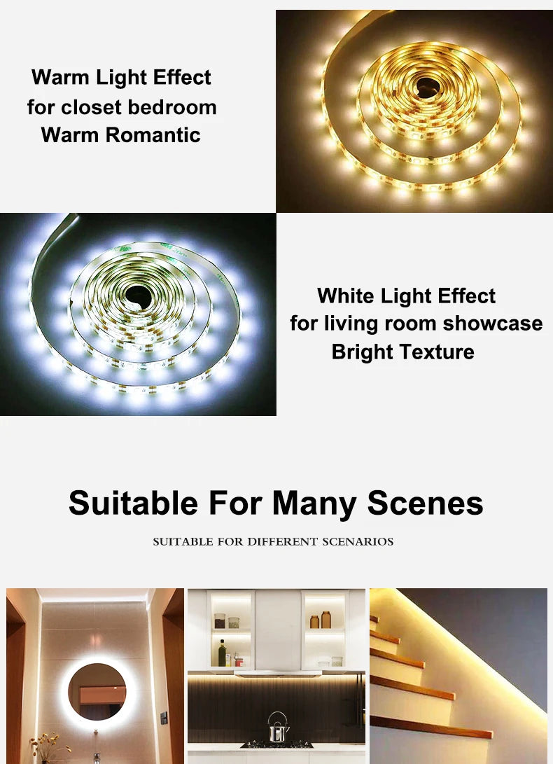 1M-5M LED Light Strip Motion Sensor LED Night Light Cabinet Lighting Battery Operated Tape Light for Counter Bed Stair Wardrobe